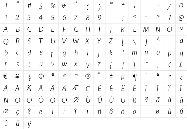 Fedra Sans Light Italic  glyph index