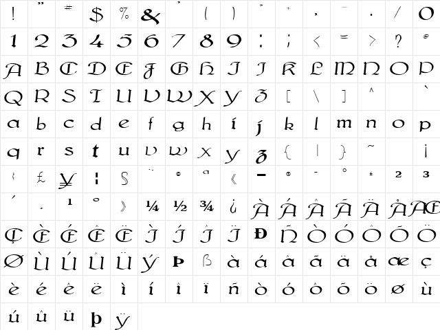IrishSaddle Regular  glyph index