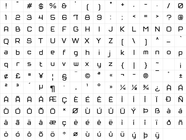 Tenika Regular  glyph index