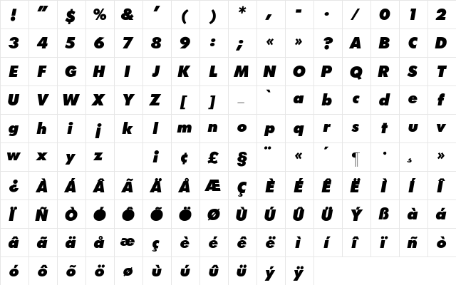 Futura-ExtraBoldItalic Regular  glyph index