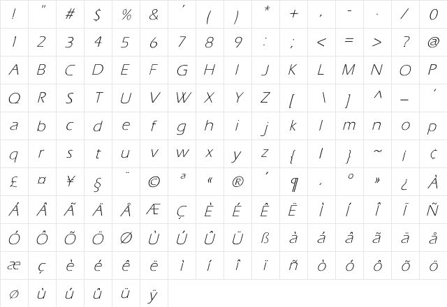 Eras-Light-Light Italic Italic  glyph index