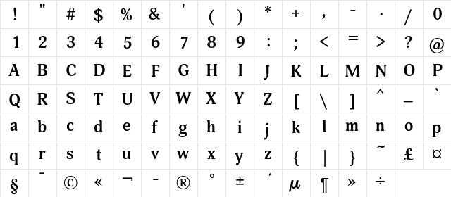 AdonisC Bold  glyph index