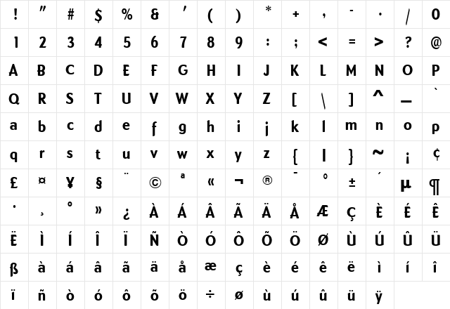 DundeeExBoldCond Regular  glyph index