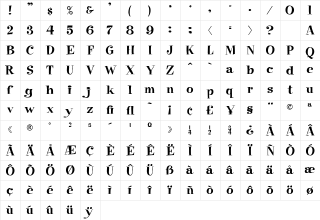 Raskin Regular  glyph index
