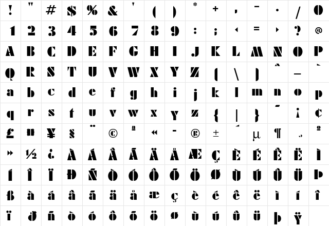 Calico Regular  glyph index