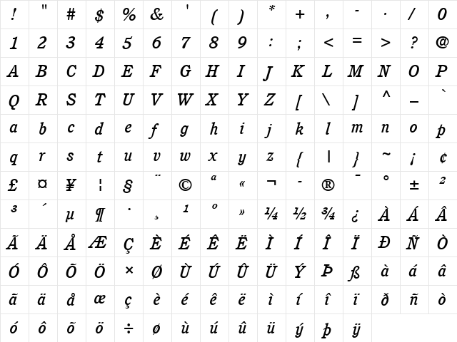 Cushing LT Medium Italic  glyph index