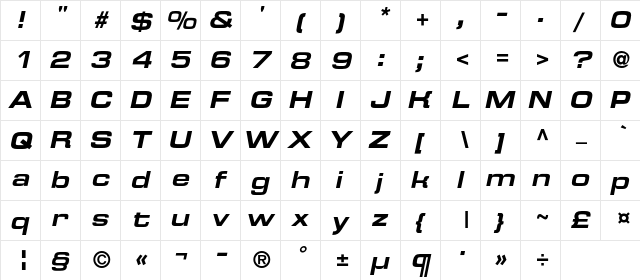 EurofontExtendedC Bold Italic  glyph index