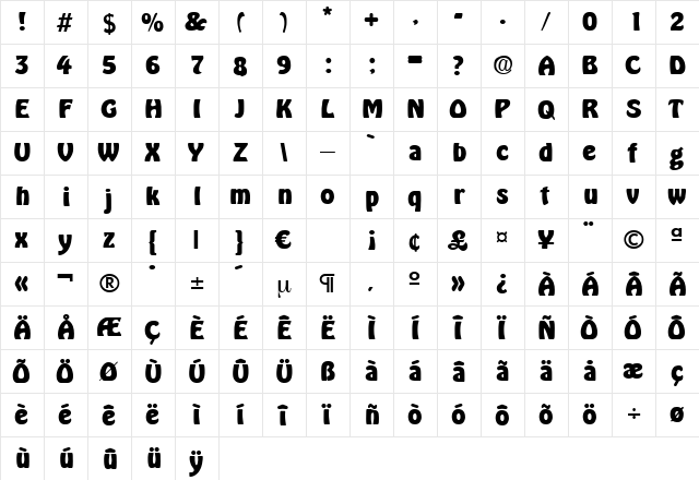 HoboBold Regular  glyph index