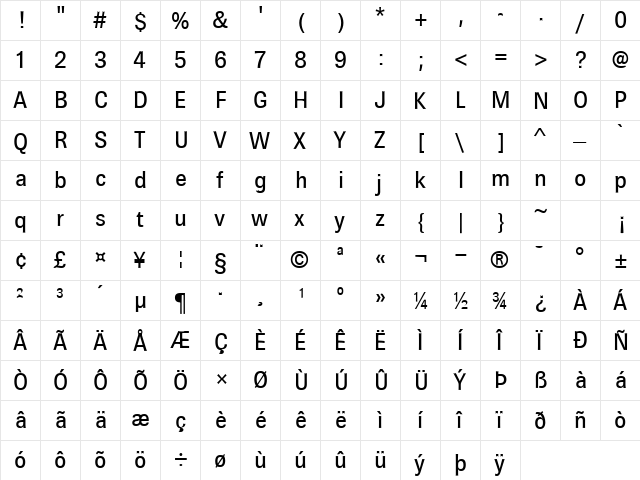 Brown Regular  glyph index