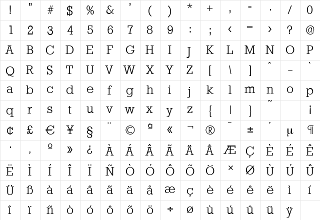 StaffordSerial-Light Regular  glyph index