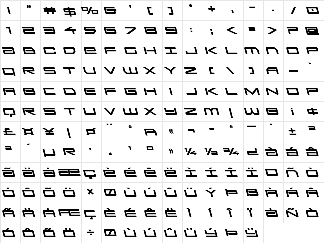 Sky Ridge Bold Leftalic Regular  glyph index