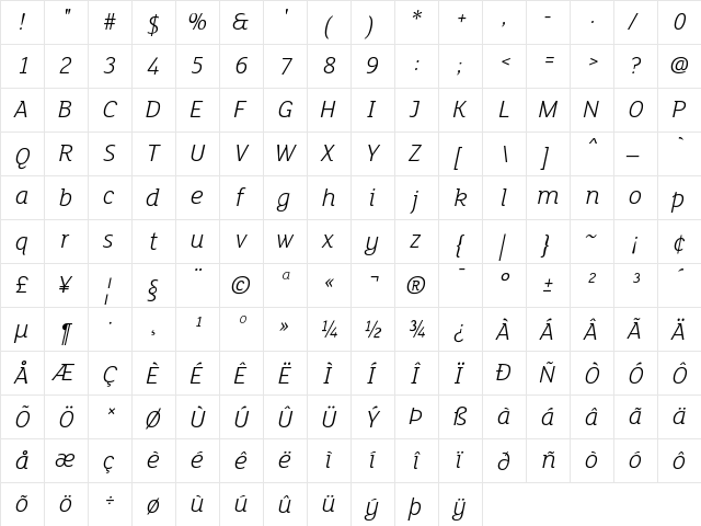 FS Lola Light Italic Regular  glyph index