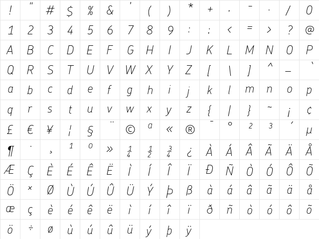 Chevin ThinItalic  glyph index