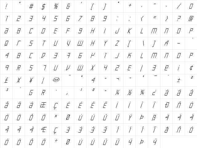 Escape Artist Condensed Italic Condensed Italic  glyph index