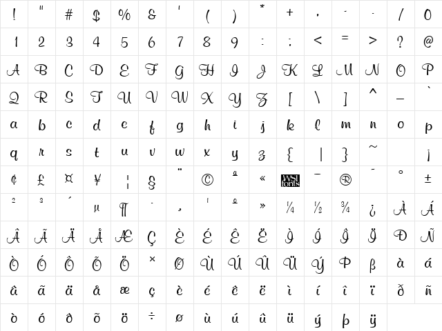 MurphyScriptViva Regular  glyph index