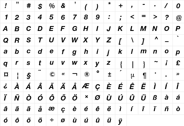 Neue Helvetica BQ Regular  glyph index