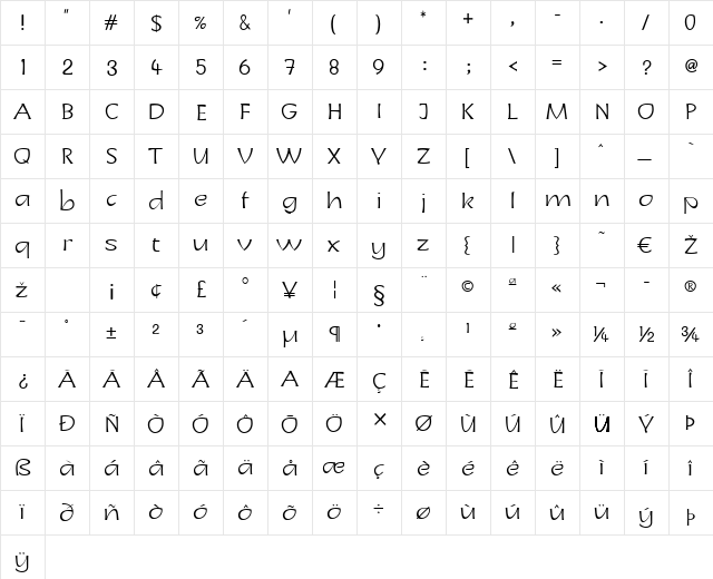 LTCharon Light Regular  glyph index