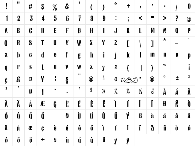 StencilSans Condensed Regular  glyph index