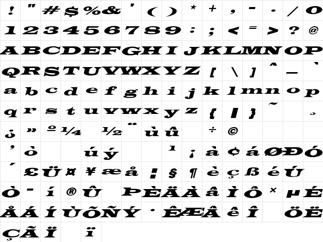 James-WideExtObl-Normal Regular  glyph index