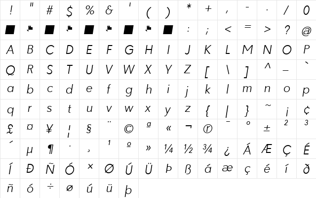 Paloseco Light Italic  glyph index