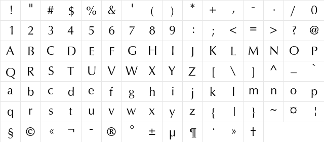 AGOpusHRC Regular  glyph index