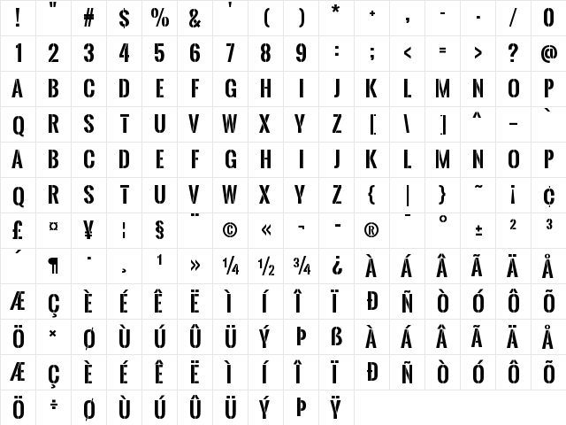 Oswald Stencil Bold  glyph index