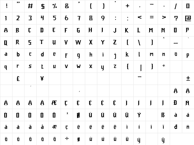 Heroes Regular  glyph index