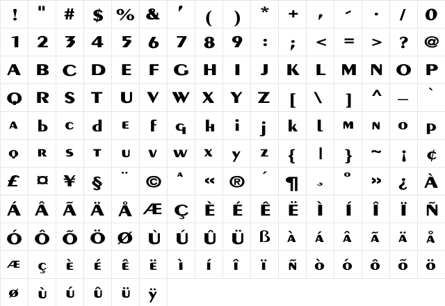Peignot-Demi-Bold Wd Regular  glyph index