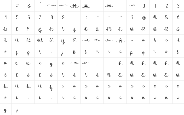 Lulu-Lala Regular  glyph index
