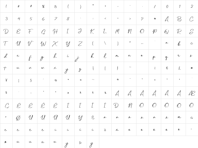 Rocketto Regular Regular  glyph index