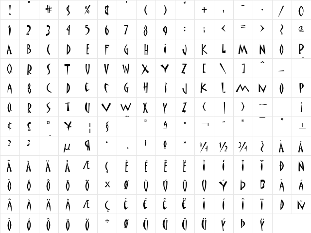 Matisse ITC Regular  glyph index