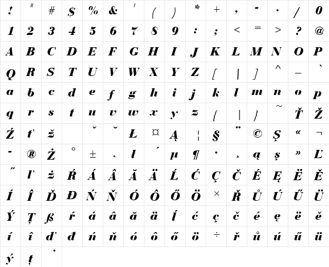 BauerBodDEE Bold Italic  glyph index