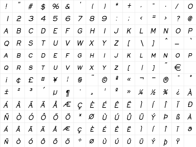 EyeglassCondensed BoldItalic  glyph index