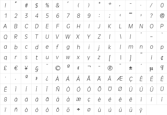 ArthurBecker-ExtraLight Italic  glyph index