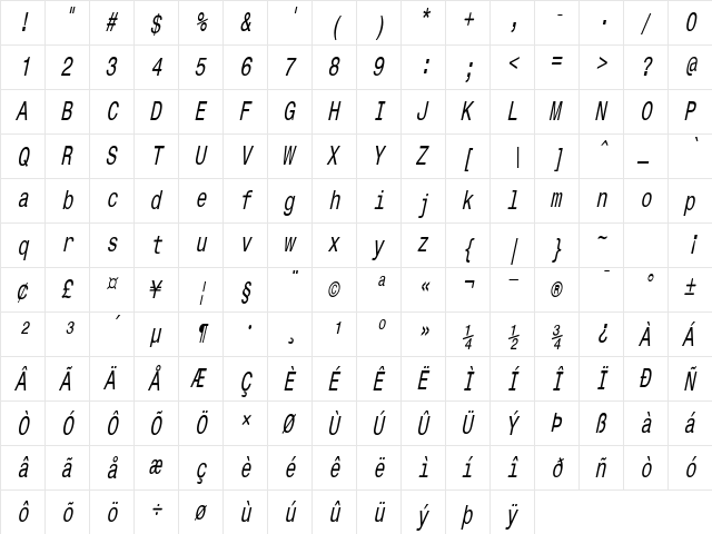 CorporateMonoCondensed Oblique  glyph index