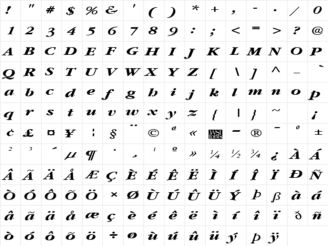 GarnetBroad Bold Italic  glyph index