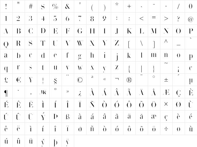 BodonisBulemy Regular  glyph index
