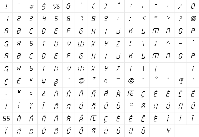 QuartzL Italic  glyph index