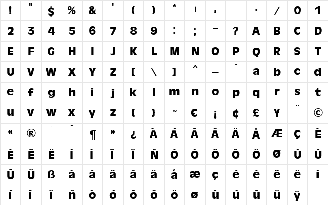 Olive MN Regular  glyph index