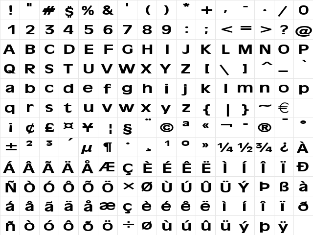 Antiqua101Extended Bold  glyph index