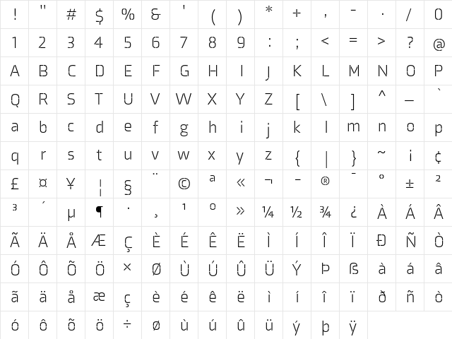 Axia Stencil Light Regular  glyph index