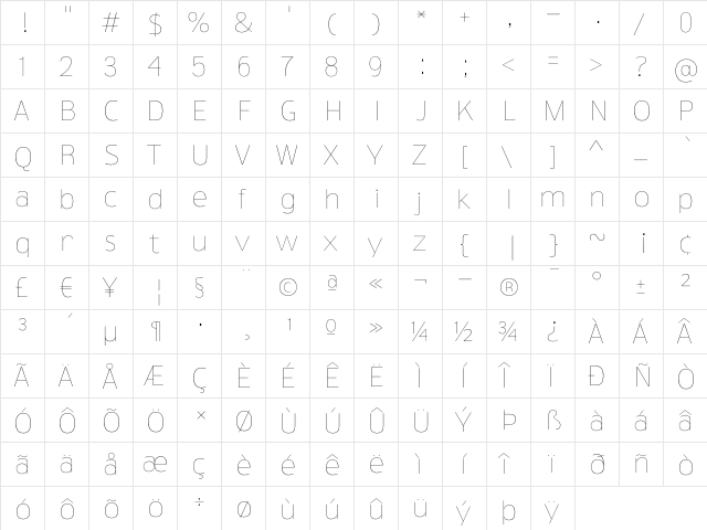 TruthCYR Thin  glyph index