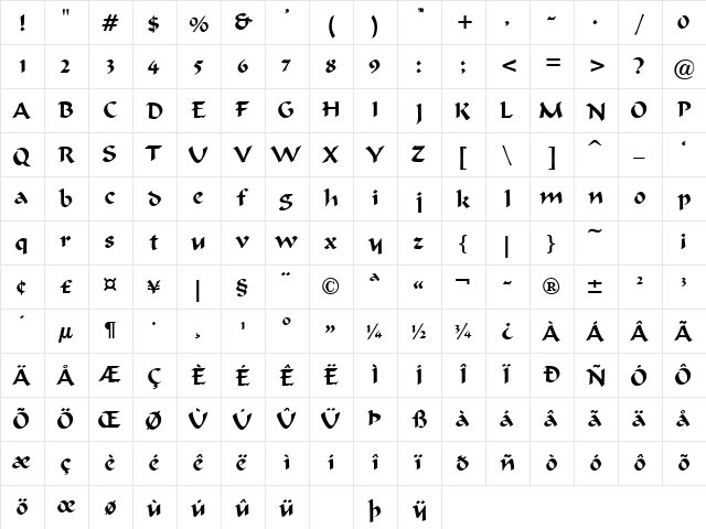 BRAVUR Regular  glyph index
