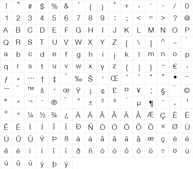 HelveticaNeue LT 45 Light Regular  glyph index