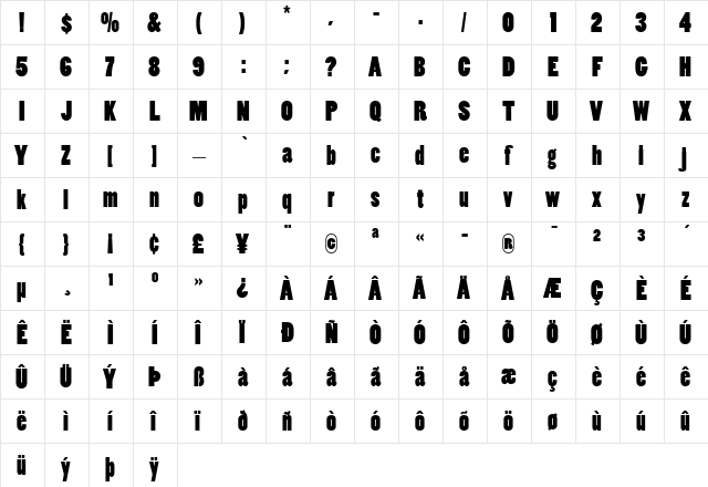 Poplar Regular  glyph index