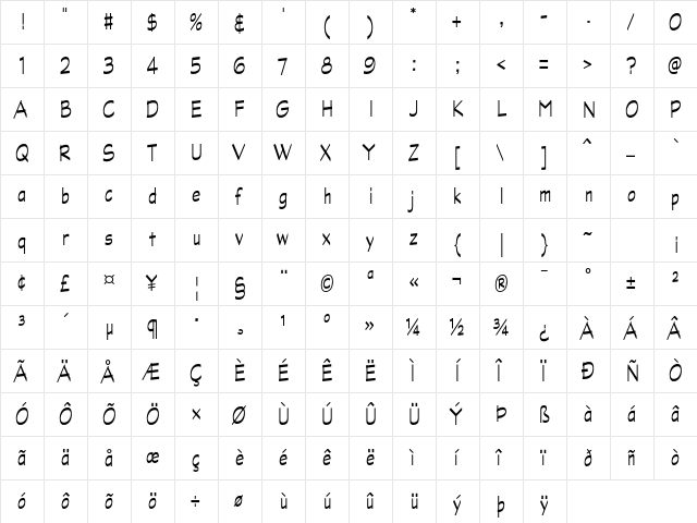 Graphite AT Narrow Regular Regular  glyph index