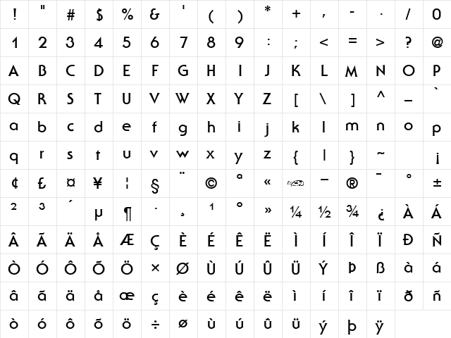 Staid Gothic Bold  glyph index