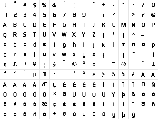 Newage Bold  glyph index