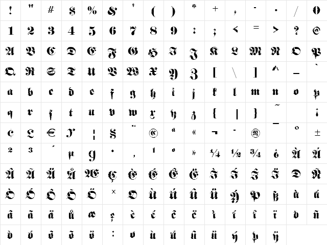 FrakturInkjet2 Regular  glyph index