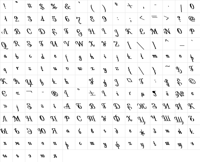 AntiDecor Bold  glyph index